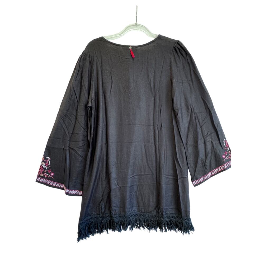 ZL Europe Black Boho Embroidered Tassel Tunic Top Fringe V Neck Size L beach - Picture 3 of 7